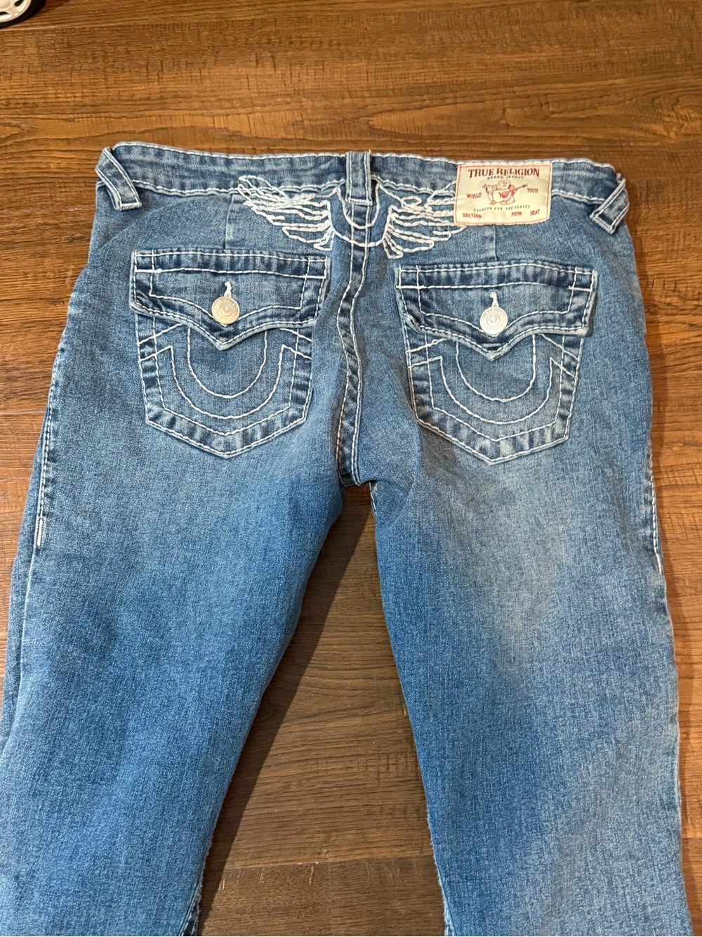 True Religion Women's Light Blue Straight Leg Jeans with Wing Stitch